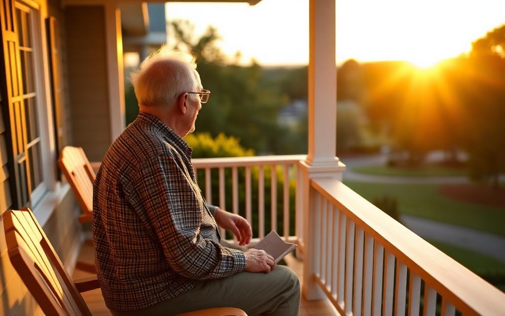 Retired person relaxing on a porch at golden hour