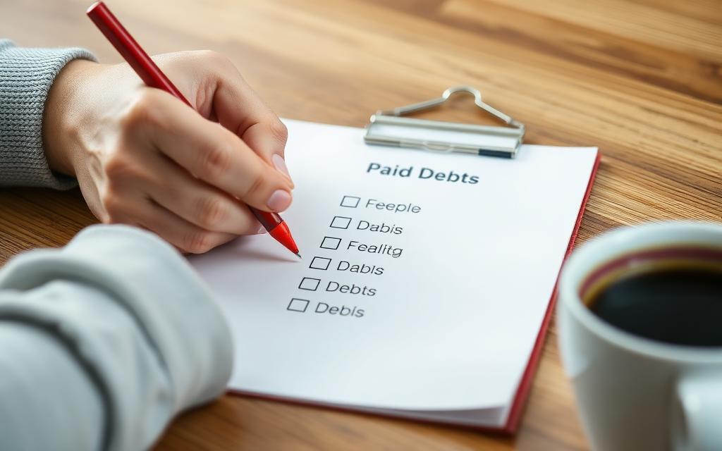 Hand checking off paid debts on a checklist