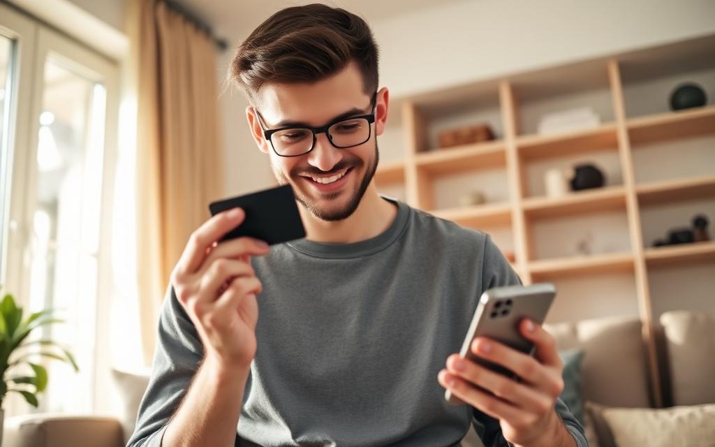 Young adult holding a new credit card while using a phone