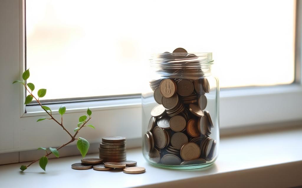 Glass jar filled with saved coins on a sunlit windowsill