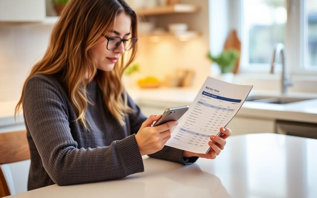 Person reviewing a spending statement and phone at a kitchen counter