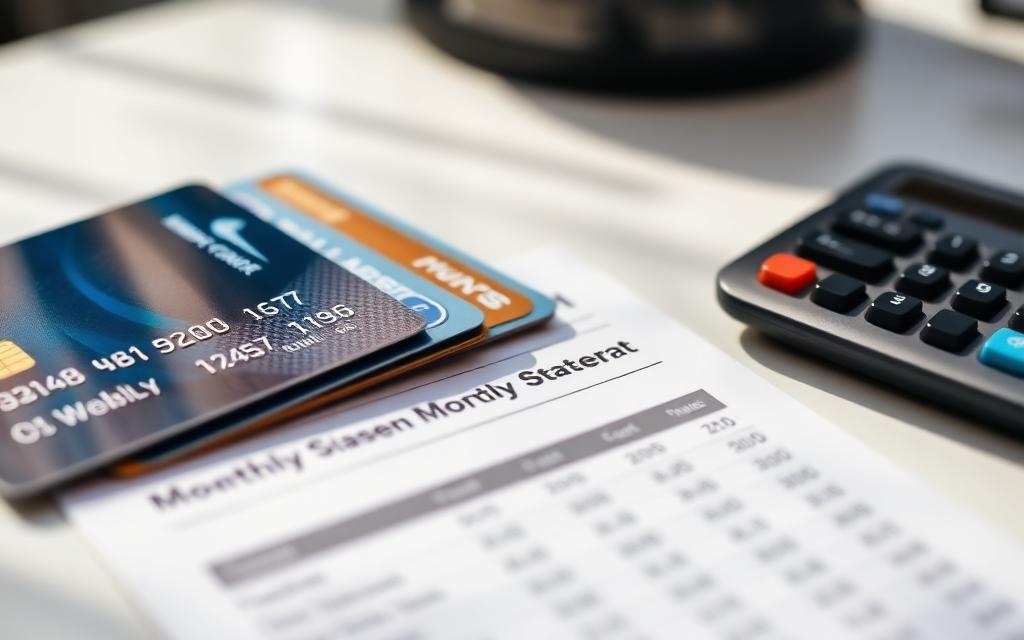 Credit cards resting on a monthly statement next to a calculator