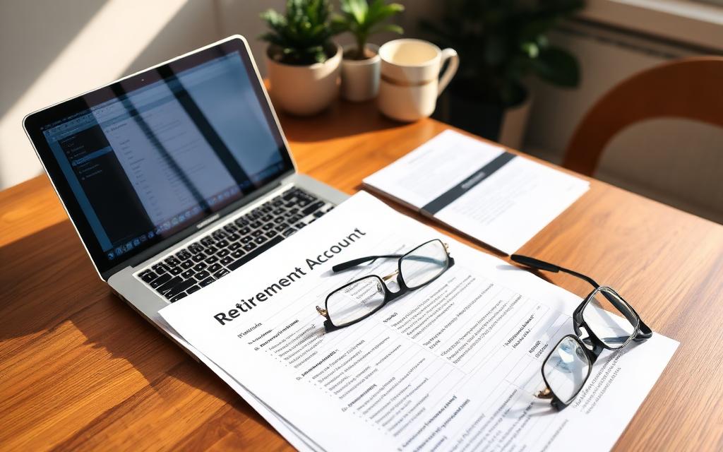 Retirement account paperwork and a laptop on a home office desk
