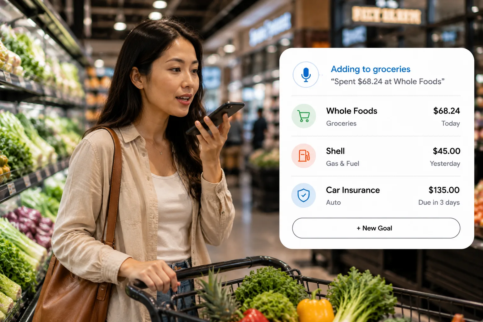 Shopper logging a grocery purchase by speaking to SpeakCents on her phone