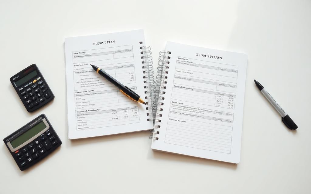 Two budget notebooks side by side with a calculator and pen