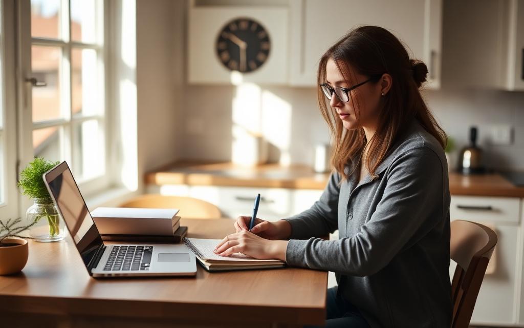 Person planning a monthly budget at a kitchen table with a notebook and laptop