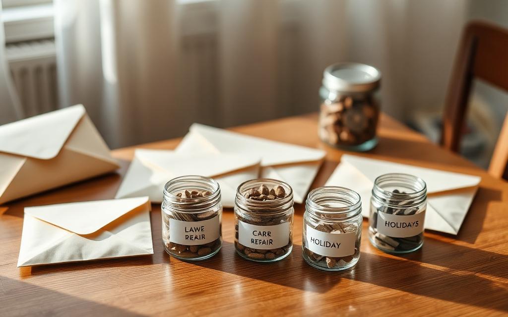 Labeled envelopes and jars set aside for planned expenses